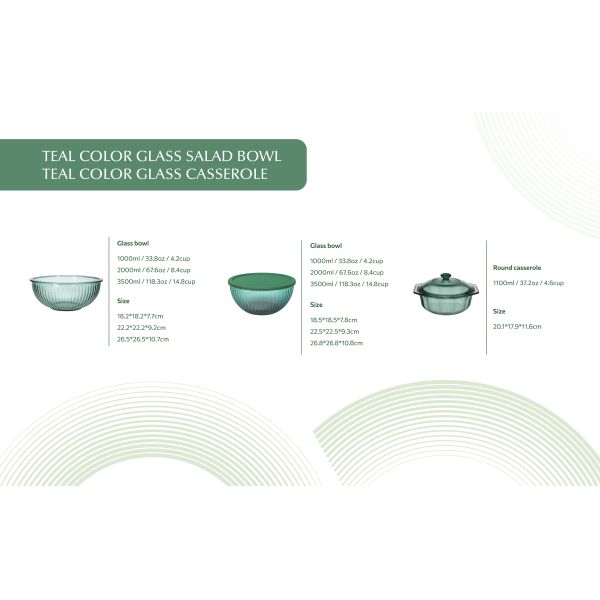 Teal Color High Borosilicate Glass Salad Bowl and Casserole Dishwasher Safe for Food Storage and Serving
