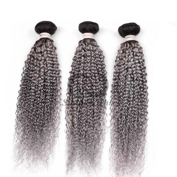 #T1B/Grey Kinky Curly Remy Human Hair Bundles Sew In Weave Bundles Brazilian Bundle Deals