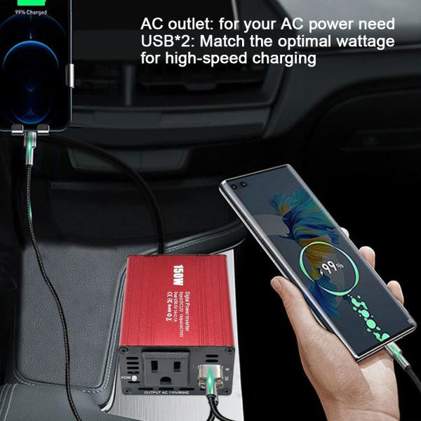 RED 150W Portable Car Inverter Dual USB Power Converter 12V DC to AC 110V 220V Modified Sine Wave USB output 5V 2.1A