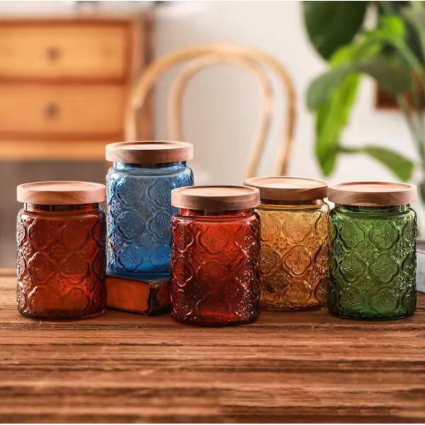 Embossed Colored 700ml Glass Sealed Jar Household Kitchen Storage Container With Lid