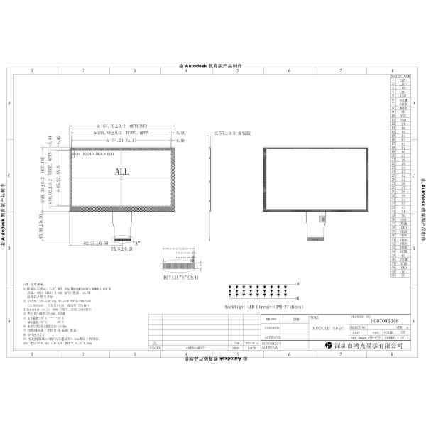 RGB Interface 50PIN LCD TFT Display 350cd/M2 Luminance 1024x600 TFT Colour Display