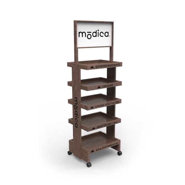 Pine Wood 5 Layers Cocktail Display Stand Display Rack with Wheels for Wine Store