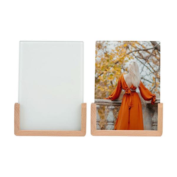 Durable Tabletop Sublimation Glass Photo Frame With Wooden U Shaped Base Custom Printing Tempered Glass Picture Frame