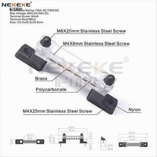 6P 150A Marine Power Bus Bar Copper Nickel Boat Power Distribution Block With Cover