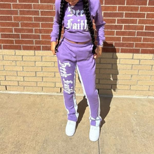 Clothing Manufacturers Custom Women Boxy Fit Crop 3d Puff Print Hoodie Jogger Set Hoodie and Flared Baggy Stacked Sweatpants Set