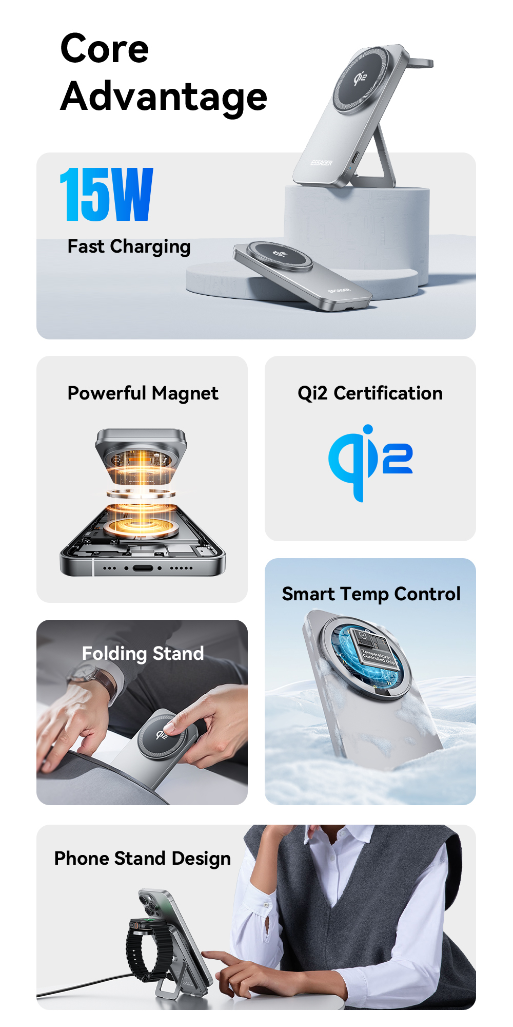ESSAGER OJD-135 Desktop 2 In 1 15W Qi2 Magnetic Wireless Charger For Phone Watch