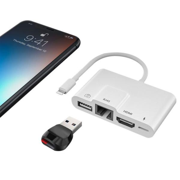 portable OEM 0.2M Lightning To 4 In 1 Camera Card Reader With RJ45