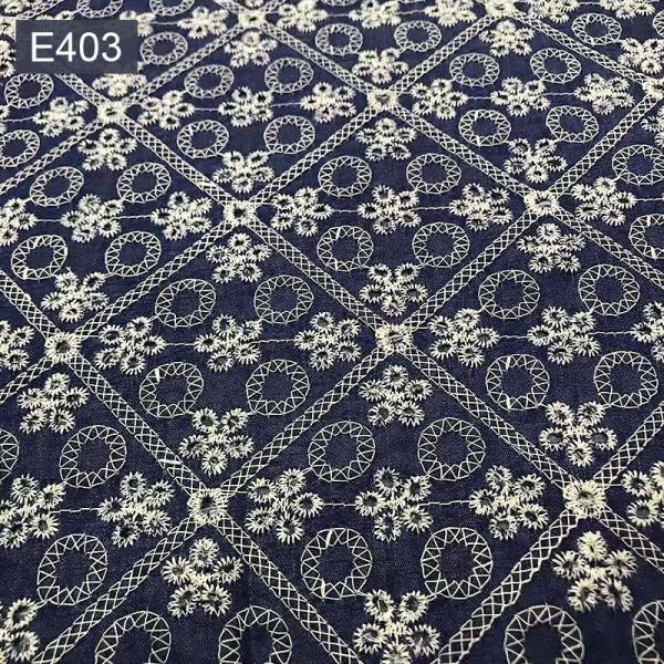 Blue Embroidery Pattern Knit Jean Denim Fabric 54.5" Stretch Denim Material
