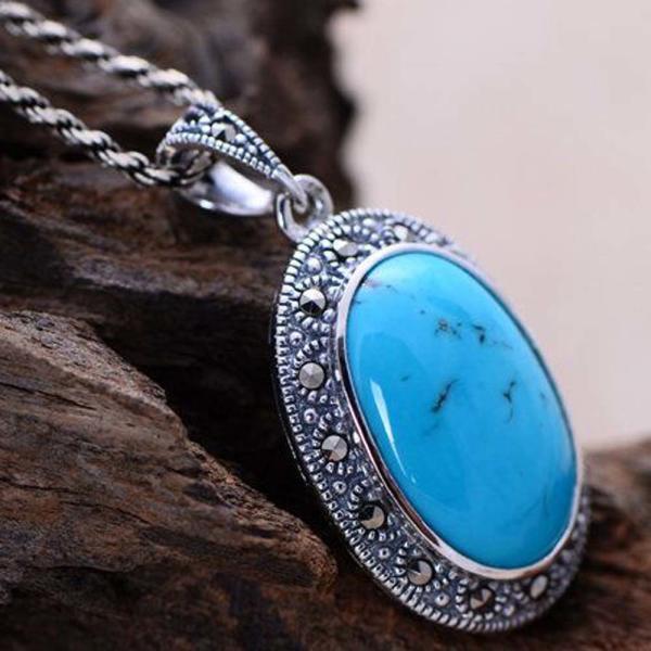 Women Vintage Necklace Sterling Silver Oval Turquoise Marcasite Charm Pendant (XH052566 )