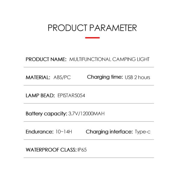 Multifunctional Camping Light 12000MAH High Battery Capacity SMD 5054 LED Type-C Charging Port With ABS Material