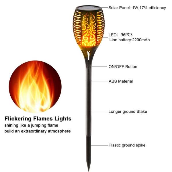 1w Flickering Flame Solar Lights , LED Solar Torch Light 8-10 Hours Lasting Time