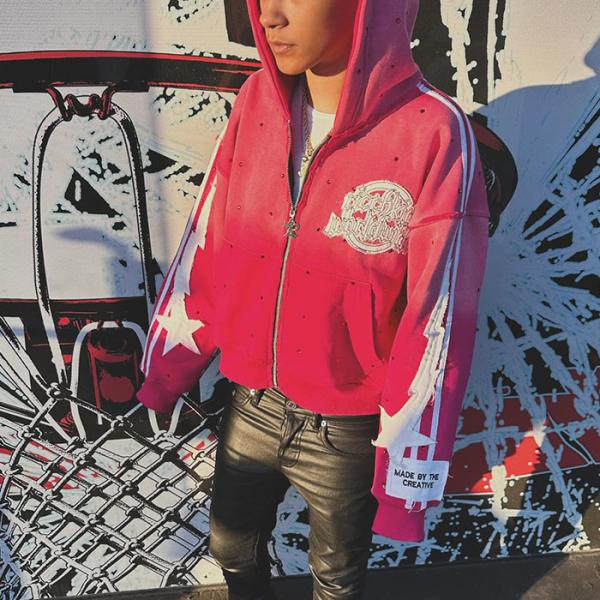 Men's Customized Size Embroidery Distressed Hoodie Zip Jacket With Acid Wash And Vintage Rhinestone Print Streetwear Fashion