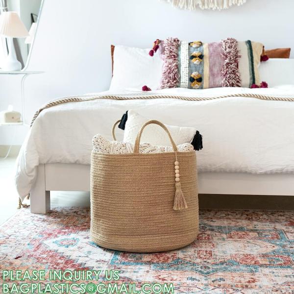 storage Basket Decorative Rope Basket Wooden Bead Decoration For Blankets,Toys,Clothes,Shoes,Plant Organizer Bin