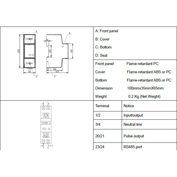 NEW Single Phase DIN-RAIL 2P Modbus Electric Power Meter LCD Digital Energy Meter RS485