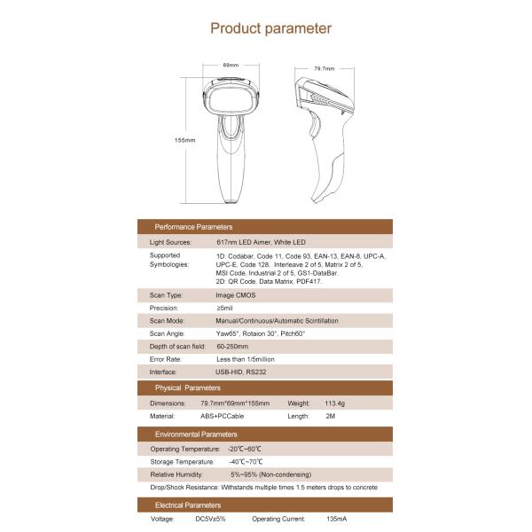 Good Price Handheld Wired 2d Qr Lecteur Code bar Use with Thermal Printer for Pos