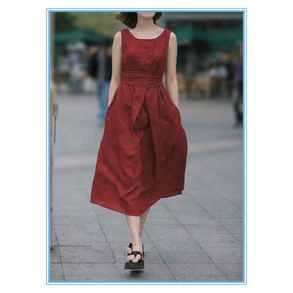 Fashion Lady Sleeveless Flare Linen Cotton Long Dress For Plus size