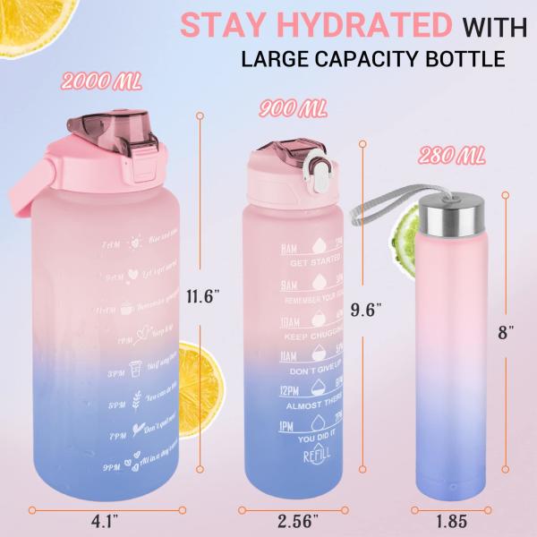 3 PCS Water Bottles With Straw 10oz 32oz 64oz Motivational Sport Water Bottles With Time Maker Leakproof Half Gallon 2L Water Jugs