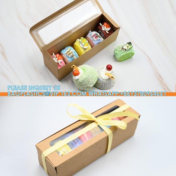 Bakery Boxes Brown With Clear Display Window Macaron Containers For 6 Macaron Gift Box With 1 Pcs 72ft Golden Ribbon