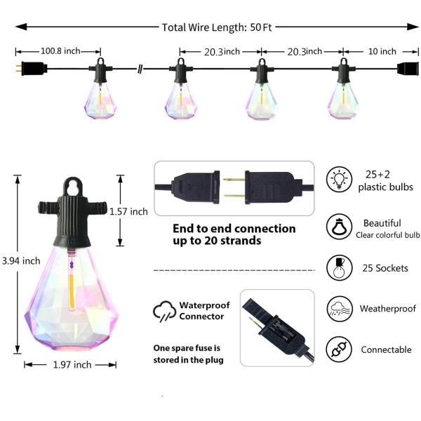 Waterproof IP65 50Ft Outdoor Bulb String Lights With 25Pcs E12 Sockets