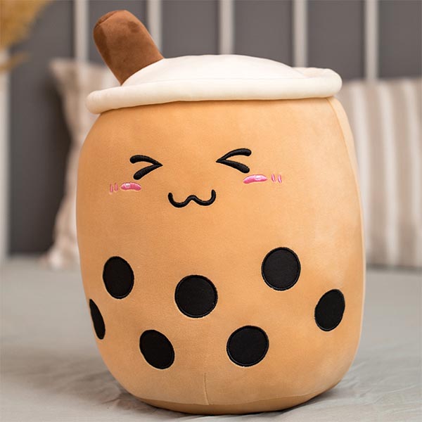 OEM Bubble Tea Plush Pillow With Embroidered Emoji