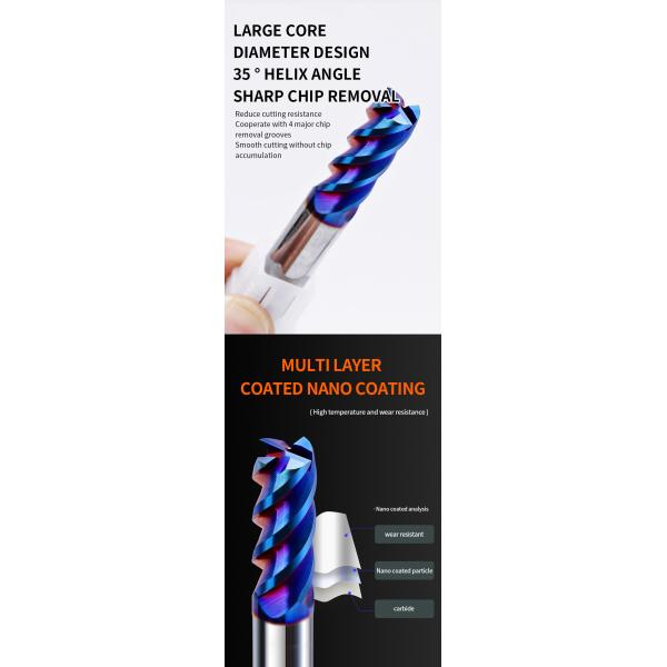 YINGBA Manufacturer Blue Nano DLC Color Coating 4 Flutes Cutting Tool Hrc65 Carbide Flat End Mill Tools for Stainless Steel