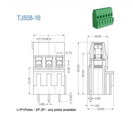 300V 10A 2P - 24P Terminal blocks Raising Cage , Pitch 5.08mm