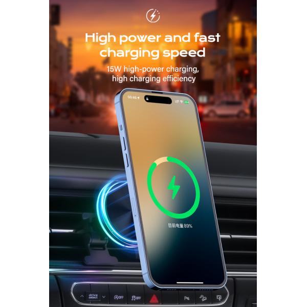 Iphone 15 Pro Max Charger Ambient Magnetic Car Mount With 1.7kg Strong Magnetic Attraction And Customisable RGB Lights