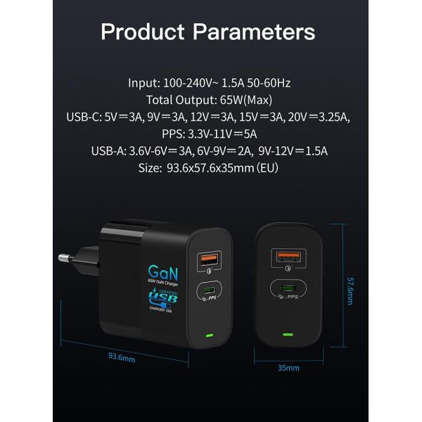 65w USB C Wall Charger Multiports Pocket Sized PD Gan Charger Laptops Power Adapter