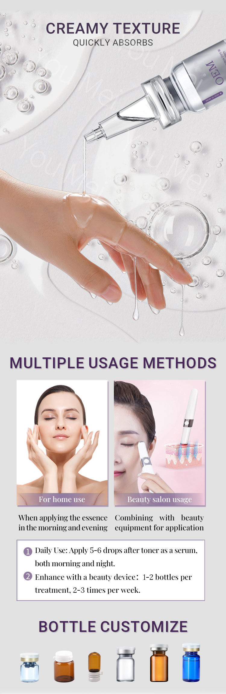 OEM ODM Organic Customized Hydrating Anti-Aging Serum Mini Bottles Skin Collage Serum Wrinkle Reduction Firming Spot Lightening Whitening Essence