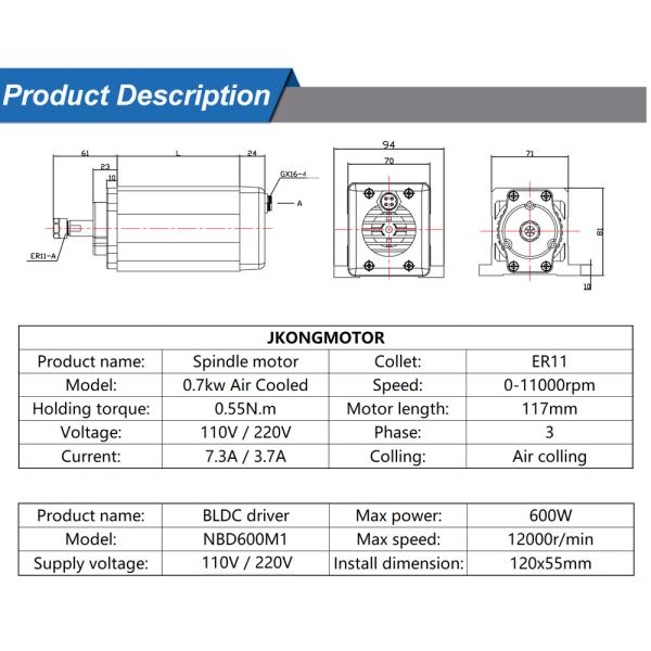 CNC Milling 700w ER11 110v Air Cooling Spindle Motor With Inverter