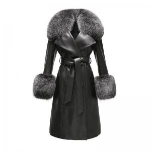 China                  Winter Fox Fur Collar Cuffs Women Long Leather Jacket Black Genuine Sheepskin Trench Leather Fur Coats for Ladies              wholesale