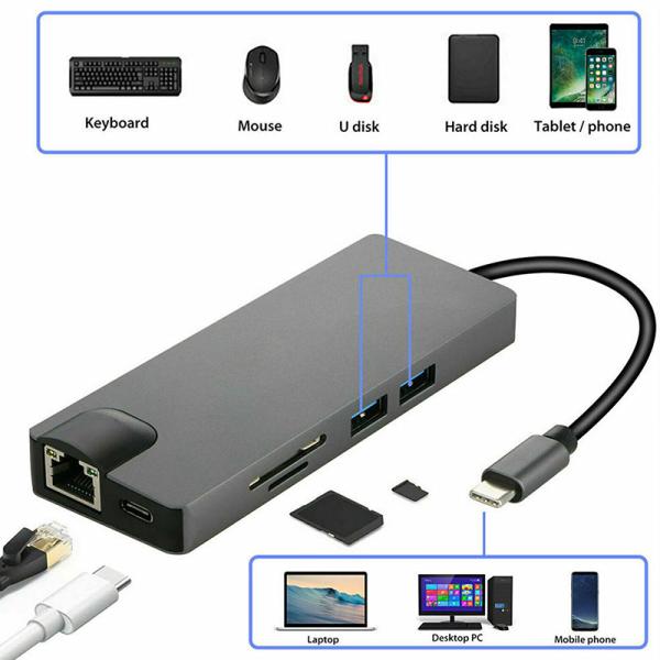 8-In-1 USB C Hub Type-C Type C 3.1 To 4K HDMI HDTV RJ45 Lan Ethernet PD USB3.0 Adapter Hub