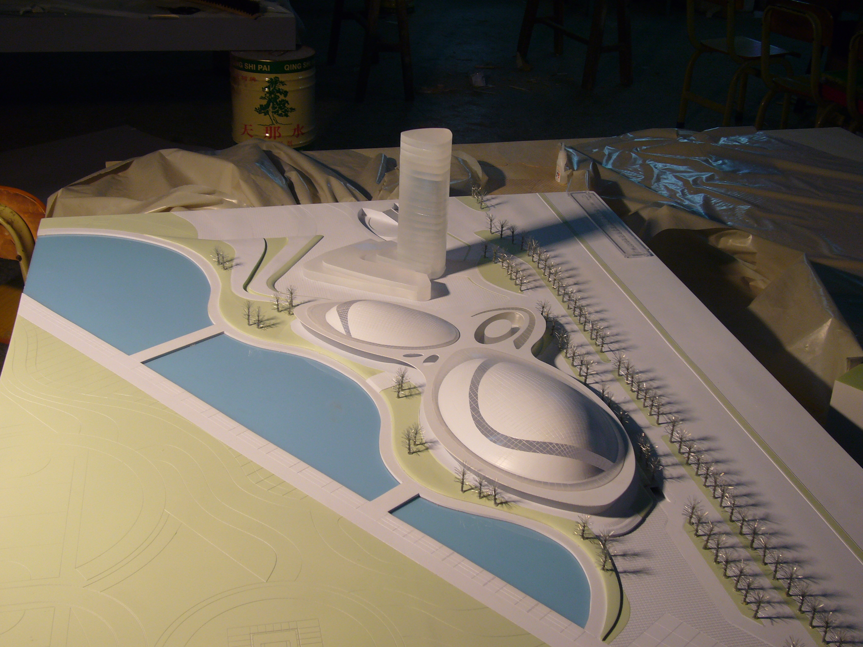Architectural Model - Modern Sports Venue with Curved Domes, Water, for Sports Complex Design Display