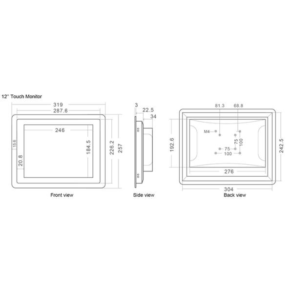 3MM PCAP Industrial Touch Screen Monitor 12'' IP65 Waterproof With 2mm Tempered Glass