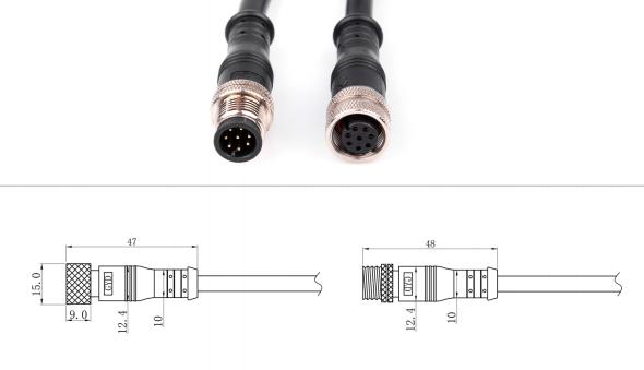 Industrial IP67 Waterproof Electrical M12 Circular Connector Male To Female Molding Cable 3 4 5 8 12 Pins
