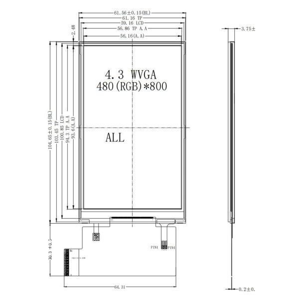 480x800 IPS 4.3 Inch TFT LCD Display Mipi Interface 45 Pins With Resistive Touch Panel