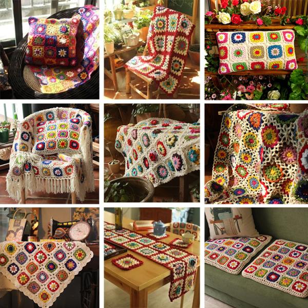 Y-F 90*40 Black Daisy Hippy Flower Crochet Dining Bench Chair Pads Sofa Seat Cushion Cover Granny Blanket