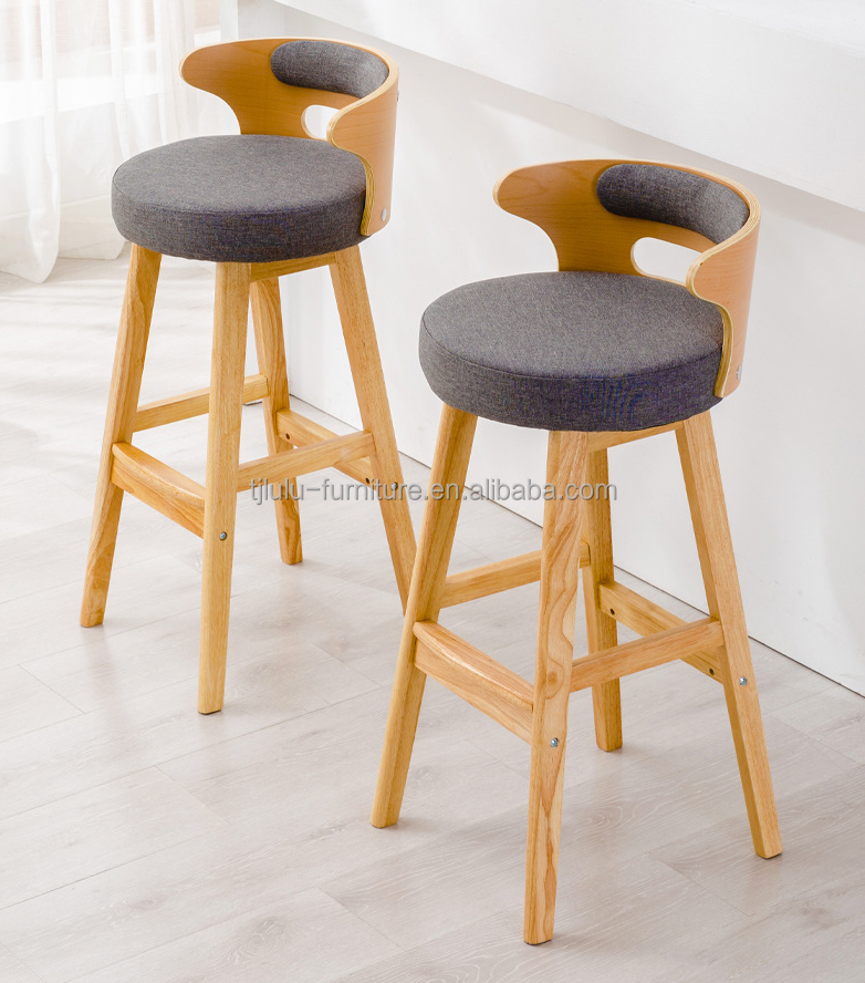 Modern Design Natural Color Detachable High Back Solid Wood Bar Stool for Pub