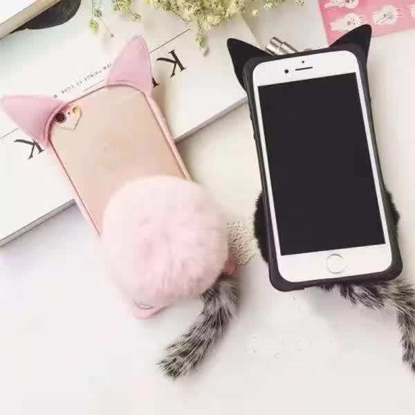 Acrylic Rex Rabbit Fur Ear Tail Plush Cell Phone Case Back Cover for iphone 7 6s Plus 5s