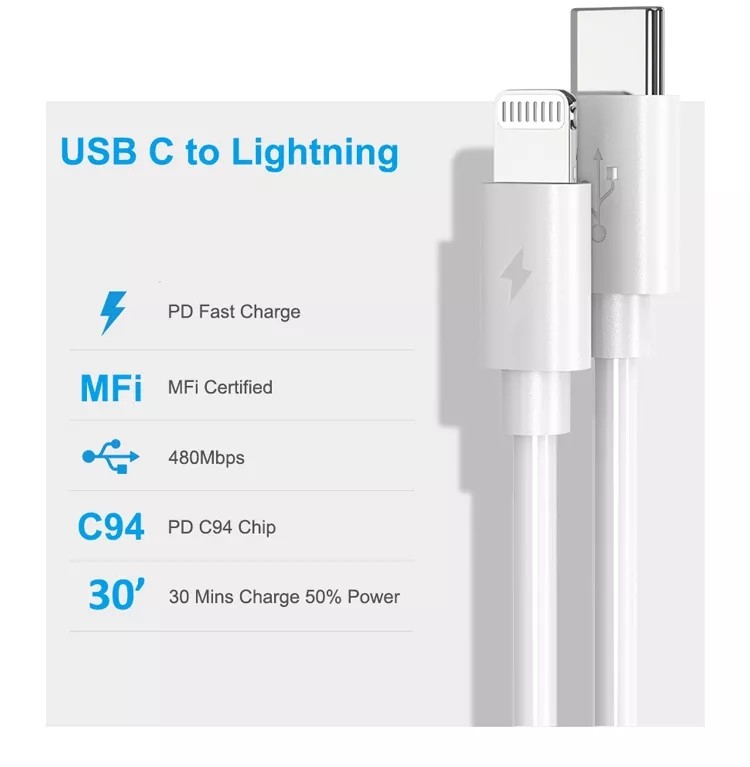 Type C To Lightning Straight USB Cable For Phone Fast Charging 1m 2m