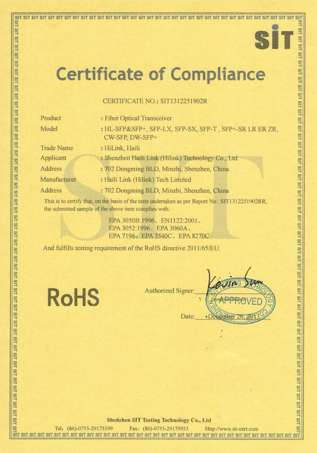 Shenzhen HiLink Technology Co.,Ltd. Certifications