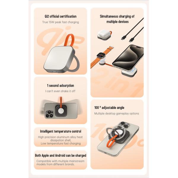 Metal Magnetic 2 In 1 Wireless Charger Space Saving For Iphone 15 Pro Max