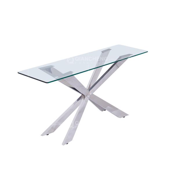 Quality Qiancheng Glass Transparent Console Table Mirrored Chrome Stainless Steel Sofa Table for sale
