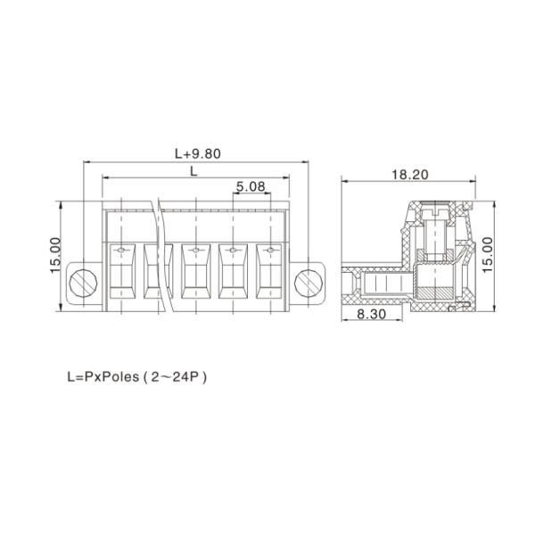 1*15P Screw Terminal Block Connector Pluggable Type 30-12AWG H18.2mm R/A With Screw