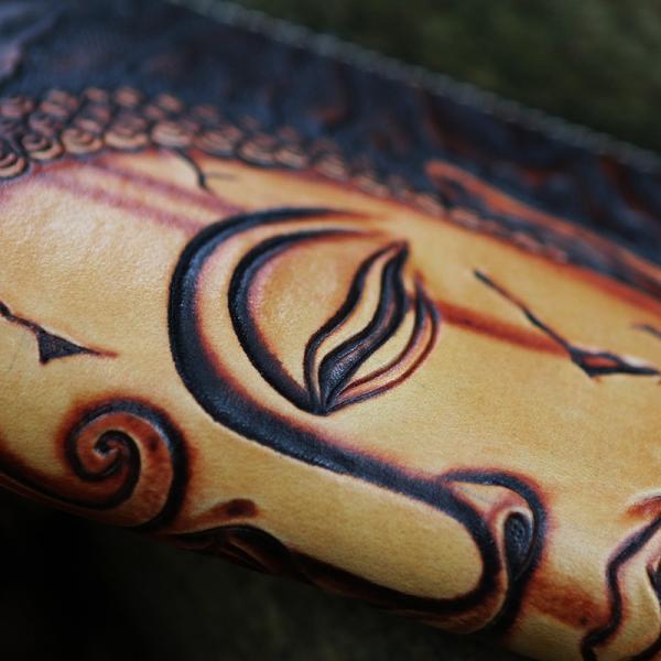 Buddha Demon Handmade Vegetable Tanned Cowhide Carved Japanese Wallet Genuine Leather Long Zipper One Thought Handheld Wallet Clip