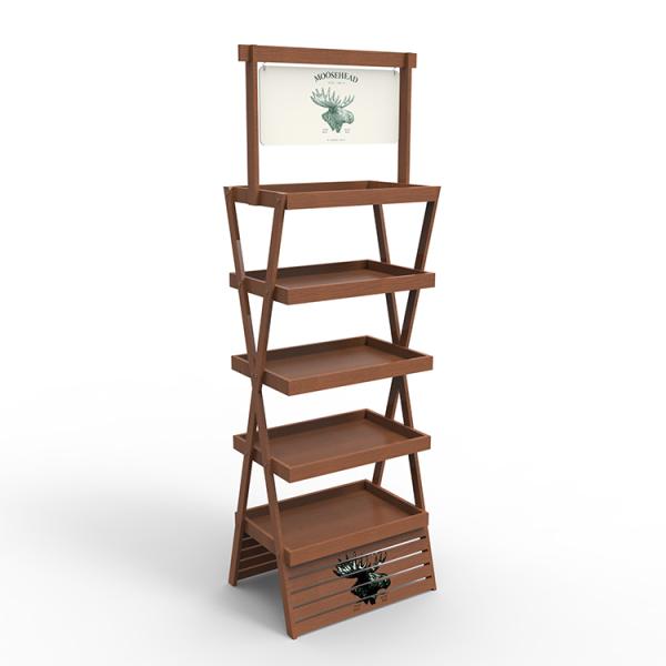 Pine Wood 5 Layers Cocktail Display Stand Display Rack with Wheels for Wine Store