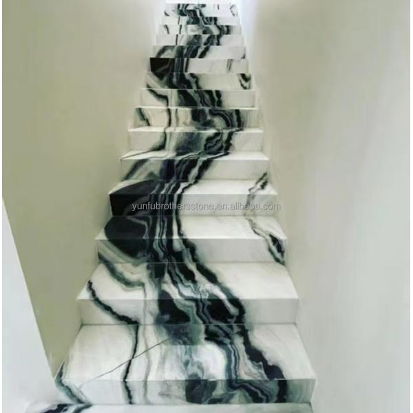 Modern Hotel Staircases Brothers Stone Panda White Marble Treads and Risers Anti Slip