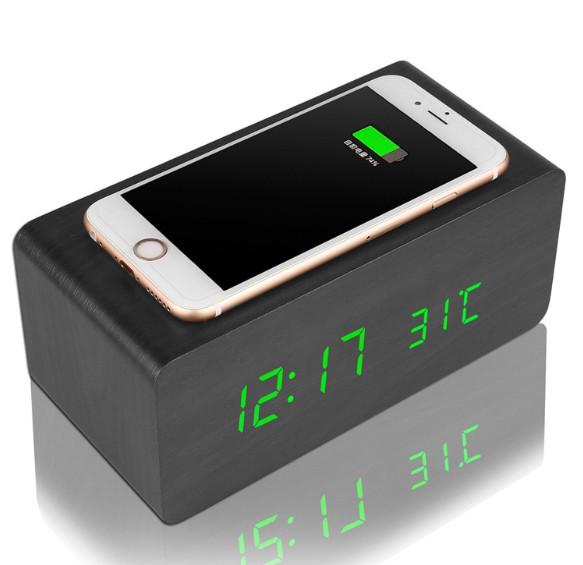 Quality Universal Creative Desktop Charging Station Wooden Case With LED Alarm Clock for sale
