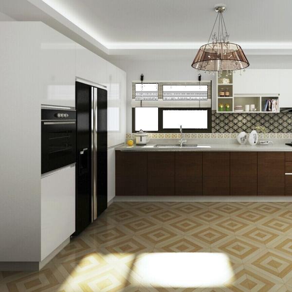 Modern kitchen cabinet with quartz countertop and sleek design