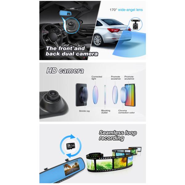 4.3" Vehicle Fhd 1080p DVR Dashboard Car Camera Mirror 140 Degree Panoramic